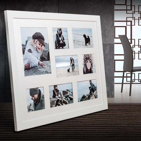 Cadre multi photos Narvik pour 8 photos 41x51 cm (3x 10x10 + 4x 10x15 + 1x 15x21 cm) | blanc | verre standard (2 mm)
