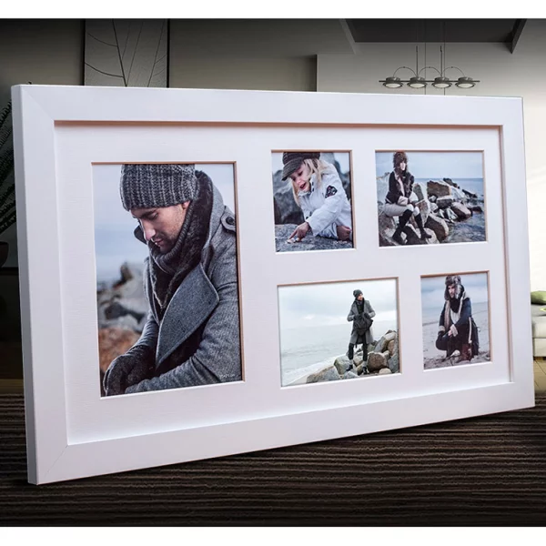 Cadre multi photos Narvik pour 5 photos 27x51 cm (2x 10x10 + 2x 10x15 + 1x 15x21 cm) | blanc | verre standard (2 mm)