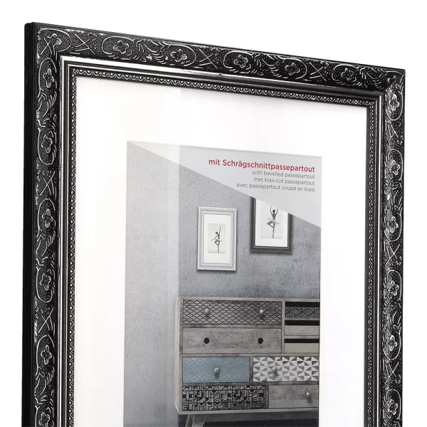 Cadre en bois Baroque avec passe-partout 20x30 cm | noir-argent | verre standard (2 mm)