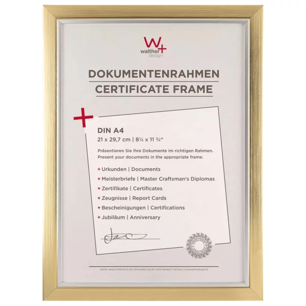 Cadre photo en plastique Beyond dans des coloris métallisés avec bord intérieur argenté 21x29,7 cm (A4) | Gold-Silber | verre standard (2 mm)