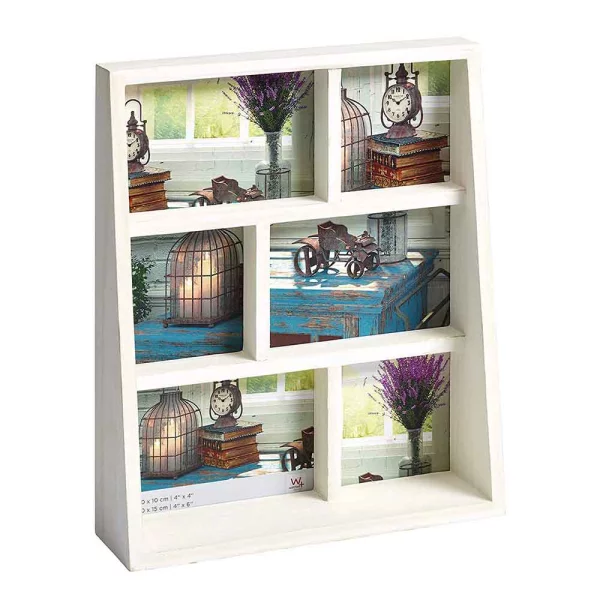 Cadre multi photos pour 3 + 3 photos Rustic 3x 10x15 + 3x 10x10 cm | blanc | verre standard (2 mm)
