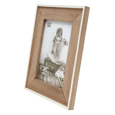 Wąska drewniana ramka na zdjęcia z drewnianym passe-partout 13x18 cm | biały-brązowy | szkło standardowe (2 mm)