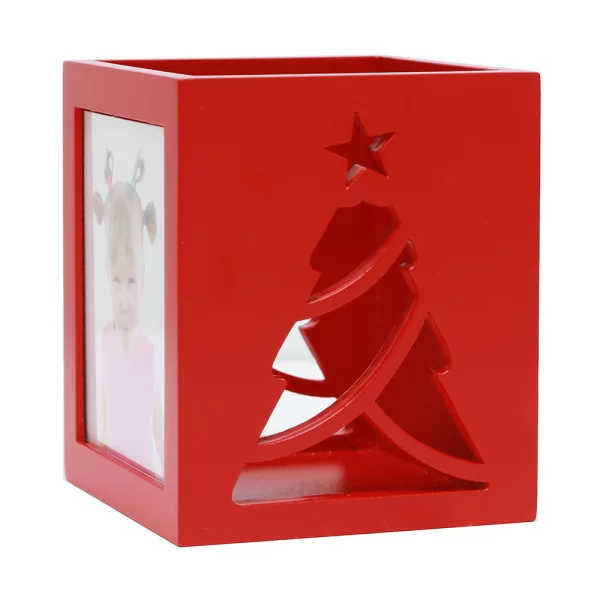 Porte-bougie 6x7 cm | rouge avec motif de sapin de noël | verre synthétique (2 mm)