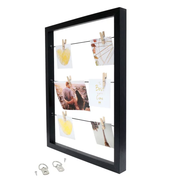 Tableau mémo (MDF) avec pinces à linge 30x40 cm | noir | sans verre, avec panneau arrière