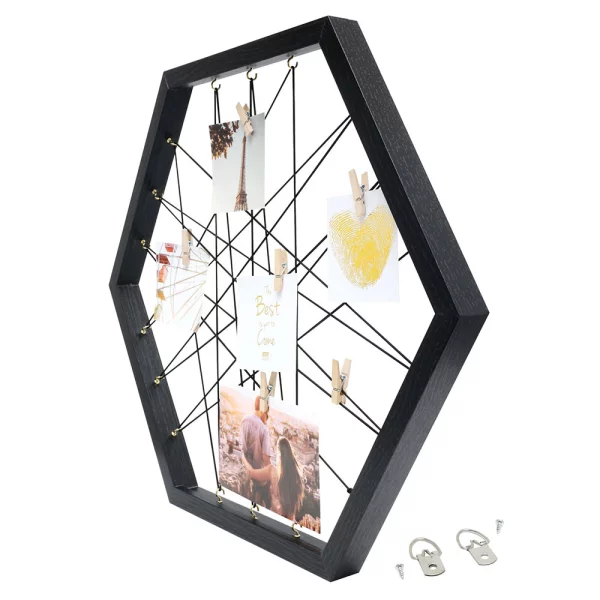 Cadre mémo hexagonal avec ficelles et agrafes 40x40 cm | noir | cadre vide (sans verre ni panneau arrière)