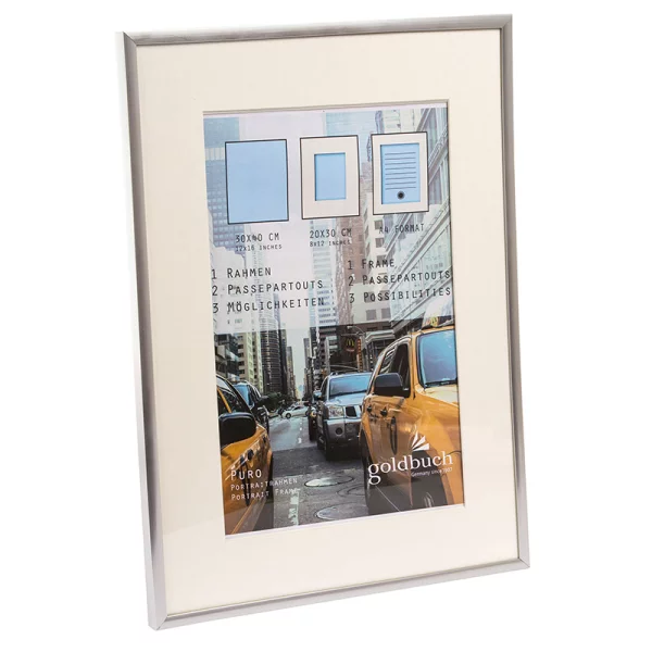 Kunststoff Bilderrahmen Puro mit Passepartout 30x40 cm (20x30 cm/DIN A4) | silber | Normalglas (2 mm)