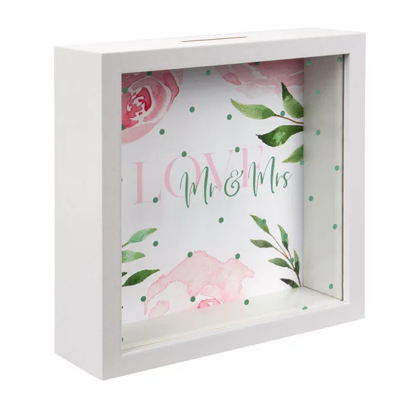 Bilderrahmen Spardose (personalisierbar mit eigenem Bild) 18x18 cm | Mr Mrs | Kunstglas (2 mm)