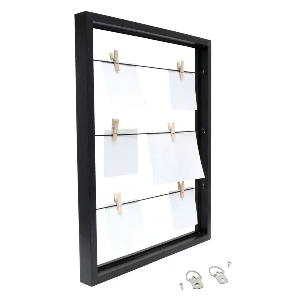 Tableau mémo (MDF) avec pinces à linge 30x40 cm | noir | sans verre, avec panneau arrière