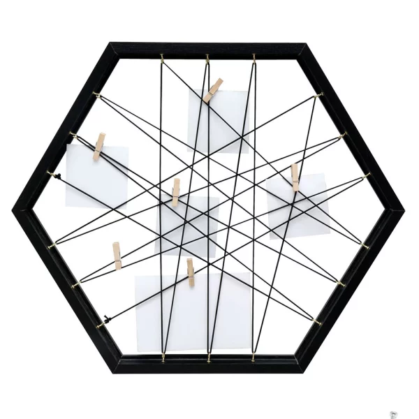 Cadre mémo hexagonal avec ficelles et agrafes 40x40 cm | noir | cadre vide (sans verre ni panneau arrière)