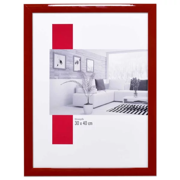 Holz-Bilderrahmen Profil 43 Maßanfertigung rot hochglanz | Kunstglas UV 99 entspiegelt (2 mm)