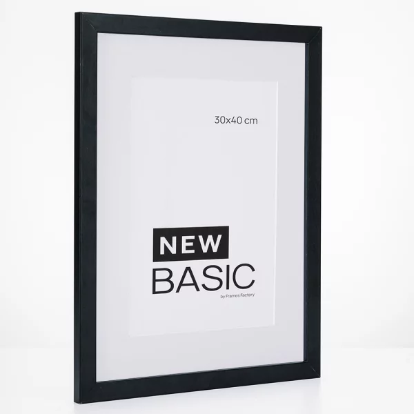 Holz-Bilderrahmen New Basic mit Passepartout 29,7x42 cm (21x29,7 cm) | Schwarz | Kunstglas (2 mm)