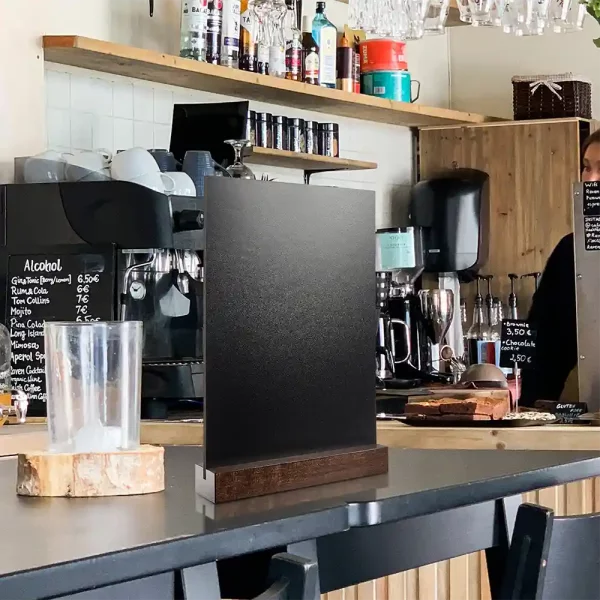 Tischaufsteller mit Kreidetafel A4 hoch | dunkelbraun