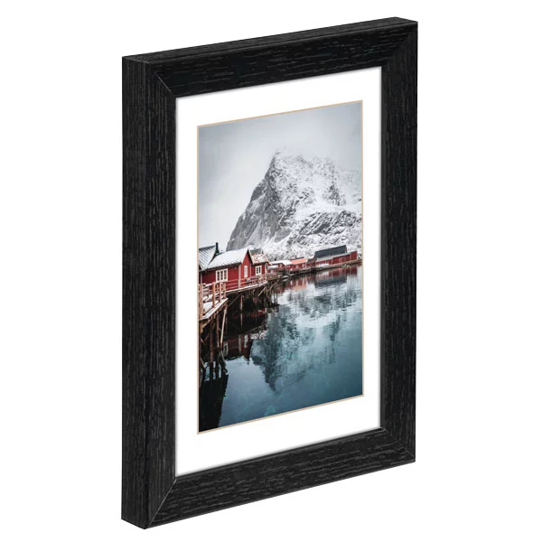 Holz Bilderrahmen Oslo (MDF) inkl. Passepartout 10x15 cm | Schwarz | Normalglas (2 mm)
