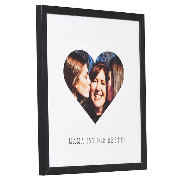 Bilderrahmen mit Herz-Passepartout & Text "Mama ist die Beste!" 30x30 cm | schwarz | Normalglas (2 mm)