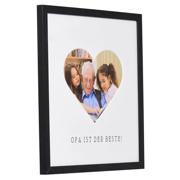 Bilderrahmen mit Herz-Passepartout & Text "Opa ist der Beste!" 30x30 cm | schwarz | Normalglas (2 mm)