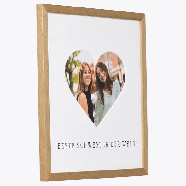 Bilderrahmen mit Herz-Passepartout & Text "Beste Schwester der Welt!" 30x30 cm | Eiche | Normalglas (2 mm)