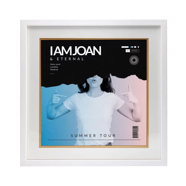 Cadre blanc pour pochette de disque vinyle avec double passe-partout blanc 40x40 cm | blanc avec bord en or | verre standard (2 mm)