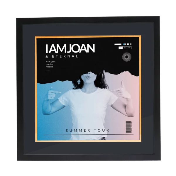 Cadre noir pour pochette de disque vinyle avec double passe-partout noir 40x40 cm | noir avec bord en or | verre standard (2 mm)