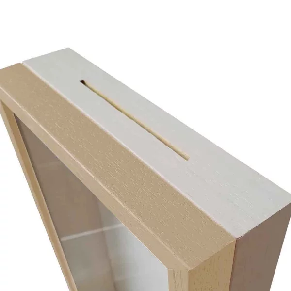 Spardosenrahmen 20x20 cm | Hellbraun mit weißer Box | Normalglas (2 mm)