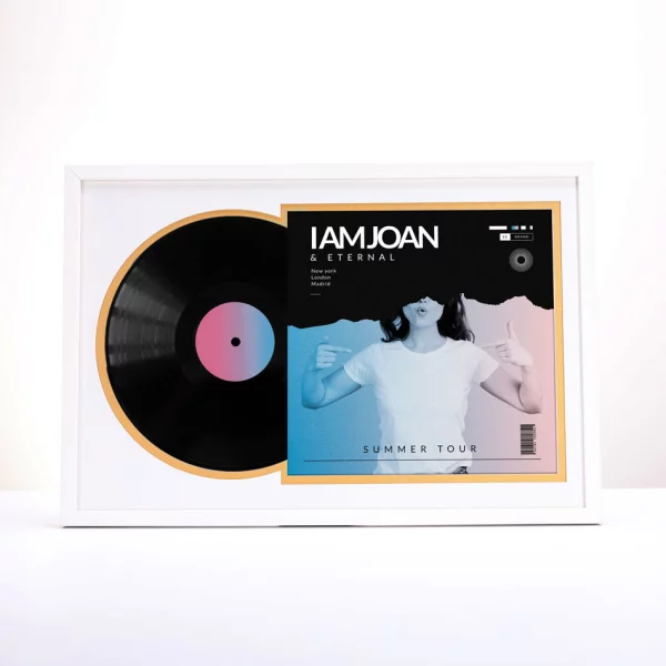 Cadre blanc pour disque vinyle et pochette avec double passe-partout blanc 40x60 cm | blanc avec bord en or | verre standard (2 mm)