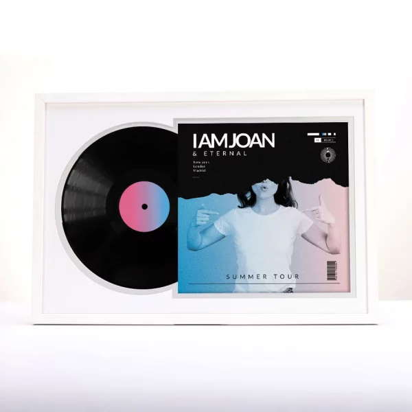 Cadre blanc pour disque vinyle et pochette avec double passe-partout blanc 40x60 cm | blanc avec bord en argent | verre standard (2 mm)