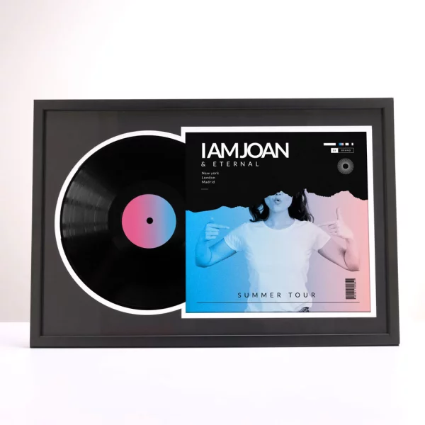 Cadre noir pour disque vinyle et pochette avec double passe-partout noir 40x60 cm | noir avec bord argenté | verre standard (2 mm)