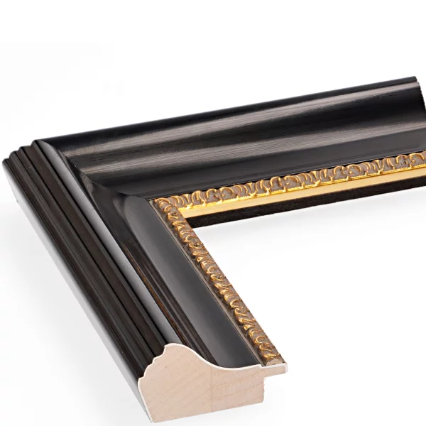 Barock Bilderrahmen Worb 21x29,7 cm (A4) | schwarz glaenzend, Verzierung gold | Normalglas (2 mm)
