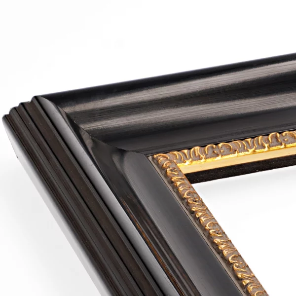 Barockrahmen Worb nach Mass schwarz glaenzend, Verzierung gold | Normalglas (2 mm)