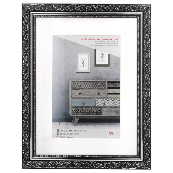 Cadre en bois Baroque avec passe-partout 20x30 cm | noir-argent | verre standard (2 mm)
