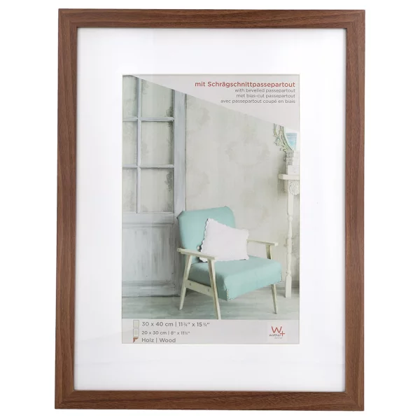 Cadre en bois Stockholm avec passe-partout 10x15 cm | noyer | verre standard (2 mm)