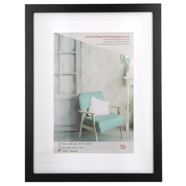 Cadre en bois Stockholm avec passe-partout 30x45 cm | noir | verre standard (2 mm)