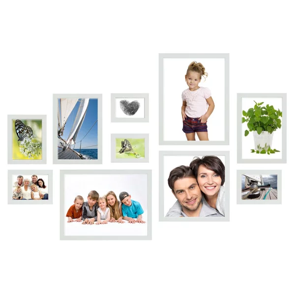 Galerie murale, 10 cadres avec règle pratique pour le montage blanc | verre standard (2 mm)