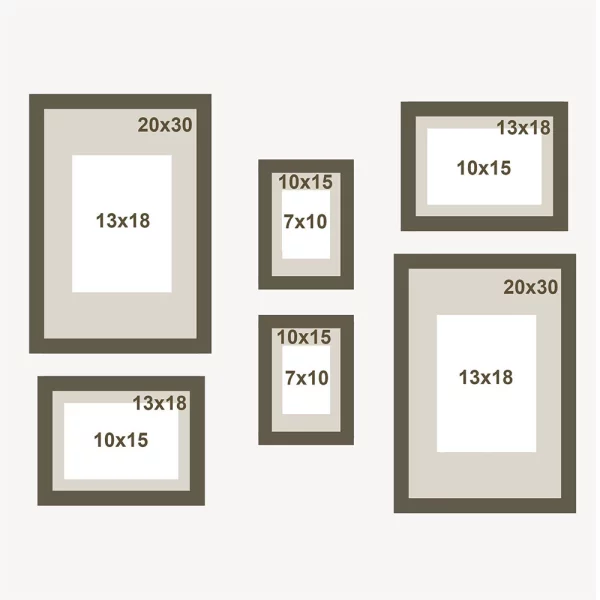 Set de 6 cadres photo en MDF avec passe-partout 2x10x15 cm (7x10cm), 2x13x18 cm (10x15cm), 2x20x30 cm (13x18cm) | noir | verre standard (2 mm)