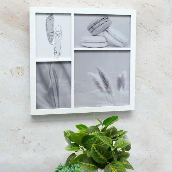 Cadre multi photos design pour 4 photos au look moderne 2x13x18 cm, 13x22 cm, 22x22 cm | blanc | verre standard (2 mm)