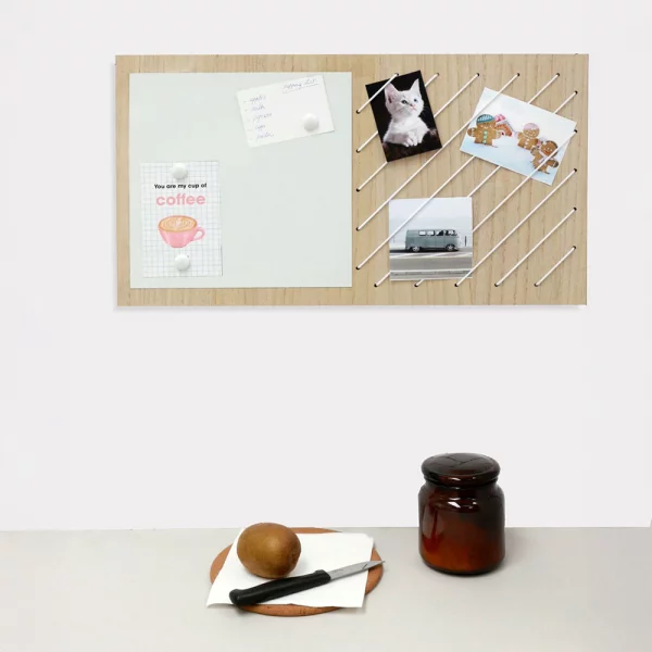 Memoboard (MDF), magnétique & avec ficelles 60x33 cm | naturel | cadre vide (sans verre ni panneau arrière)
