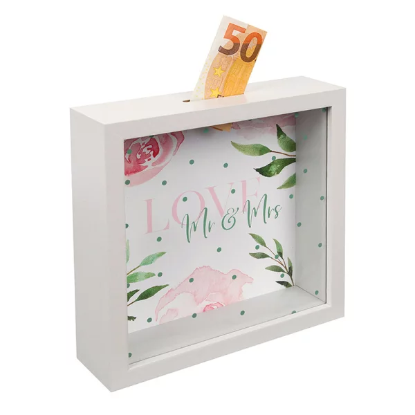 Bilderrahmen Spardose (personalisierbar mit eigenem Bild) 18x18 cm | Mr Mrs | Kunstglas (2 mm)