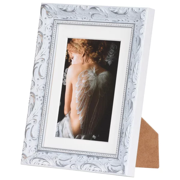Holz-Bilderrahmen Chic Baroque mit Passepartout 13x18 cm (10x15 cm) | Weiß | Normalglas (2 mm)
