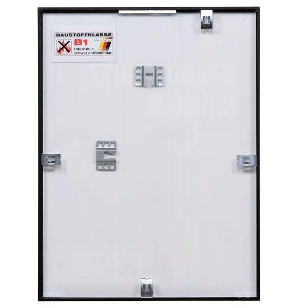 Zertifizierter Standard B1 Brandschutzrahmen Econ eckig 42x59,4 cm (A2) | Schwarz matt | Normalglas (2 mm)
