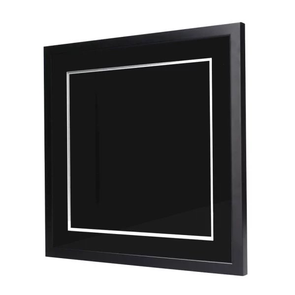Cadre noir pour pochette de disque vinyle avec double passe-partout noir 40x40 cm | noir avec bord argenté | verre standard (2 mm)