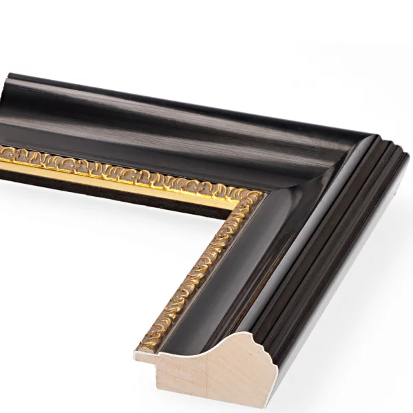 Barock Bilderrahmen Worb 21x29,7 cm (A4) | schwarz glaenzend, Verzierung gold | Normalglas (2 mm)