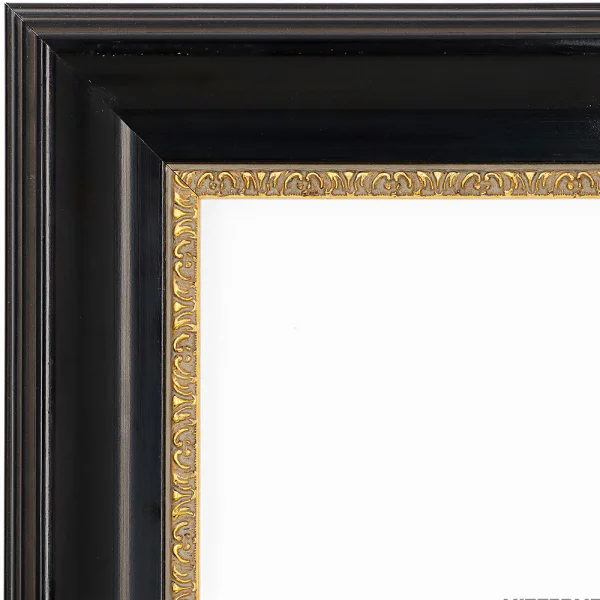 Barockrahmen Worb nach Mass schwarz glaenzend, Verzierung gold | Normalglas (2 mm)