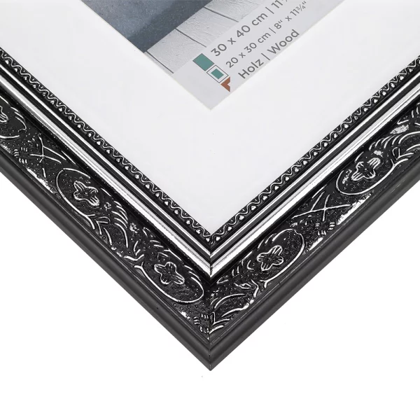 Cadre en bois Baroque avec passe-partout 20x30 cm | noir-argent | verre standard (2 mm)