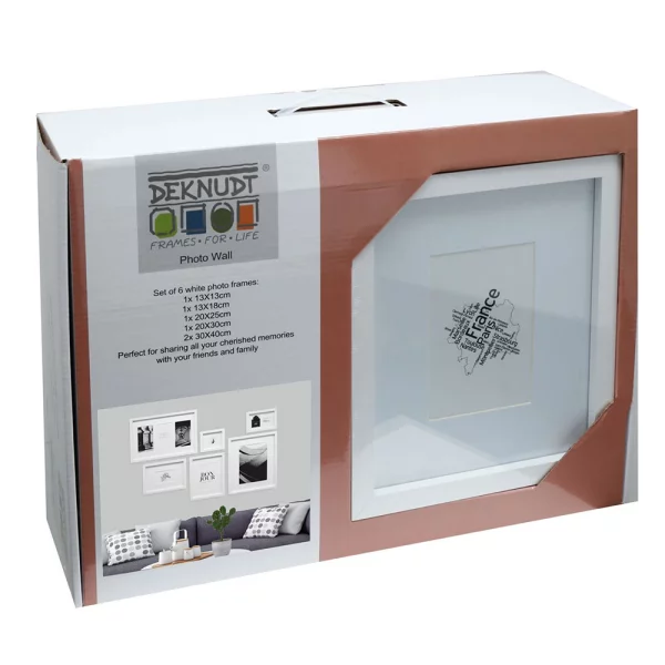 Set de cadres en bois – 6 cadres avec passe-partout blanc | verre standard (2 mm)
