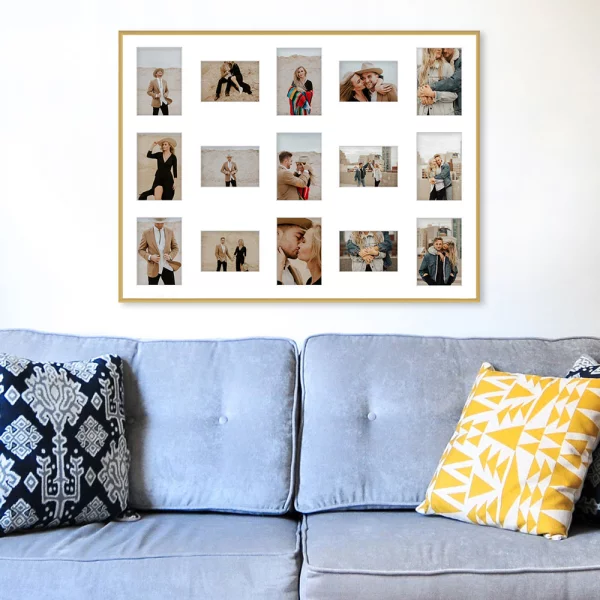 Cadre multi photos en aluminium Amelia pour 15 photos 60x80 cm (15 Bilder) | or | verre synthétique (1 mm)
