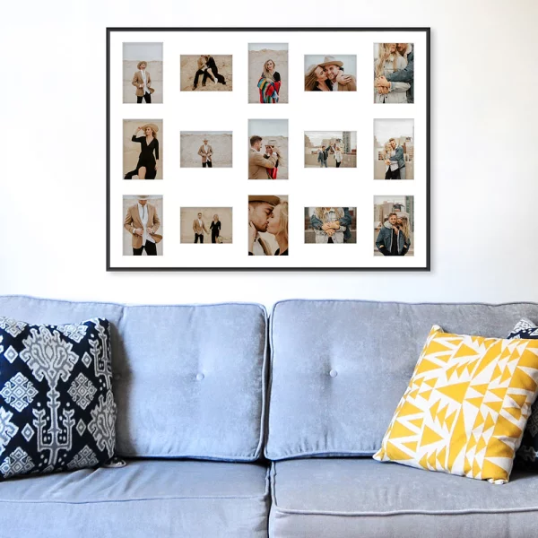 Cadre multi photos en aluminium Amelia pour 15 photos 60x80 cm (15 Bilder) | noir | verre synthétique (1 mm)