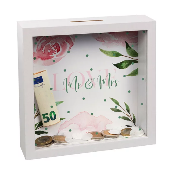 Bilderrahmen Spardose (personalisierbar mit eigenem Bild) 18x18 cm | Mr Mrs | Kunstglas (2 mm)
