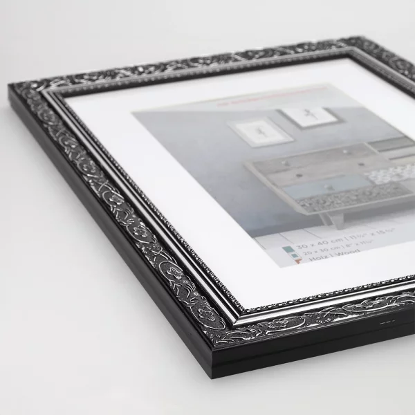Cadre en bois Baroque avec passe-partout 20x30 cm | noir-argent | verre standard (2 mm)