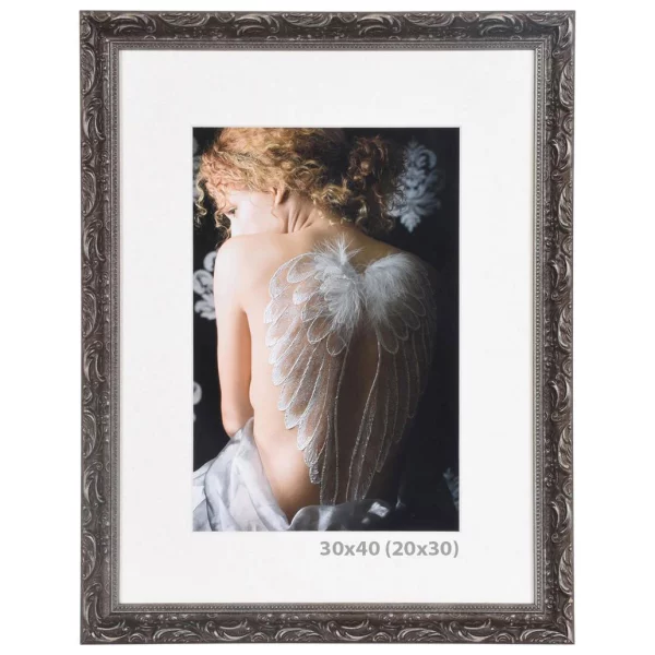Holz-Bilderrahmen Chic Baroque mit Passepartout 30x40 cm (20x30 cm) | Grau | Normalglas (2 mm)