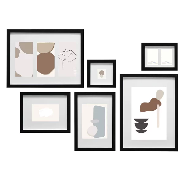 Set de cadres en bois – 6 cadres avec passe-partout noir | verre standard (2 mm)