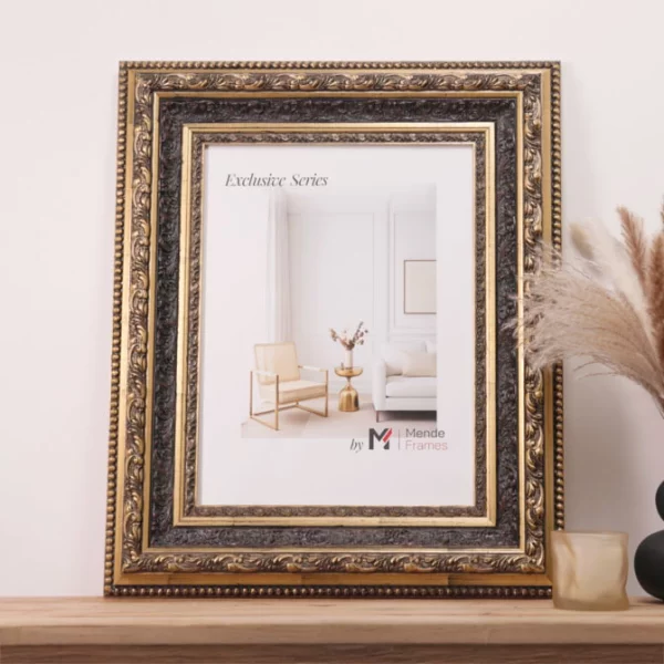 Cadre en bois Empiro sur mesure or sur noir | verre standard (2 mm)